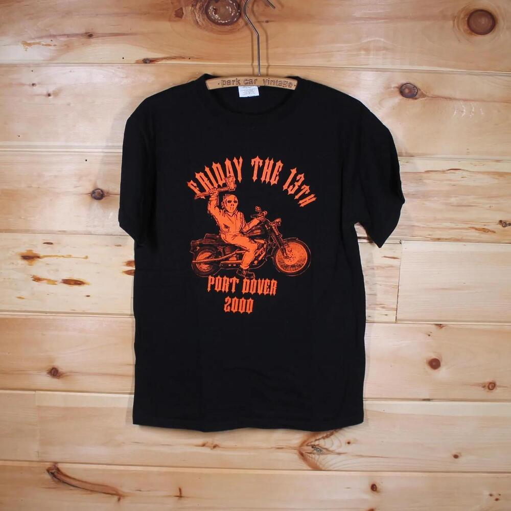 Friday The 13Th Port Dover Jason On Motorcycle Black T Shirt Adult Size Medium